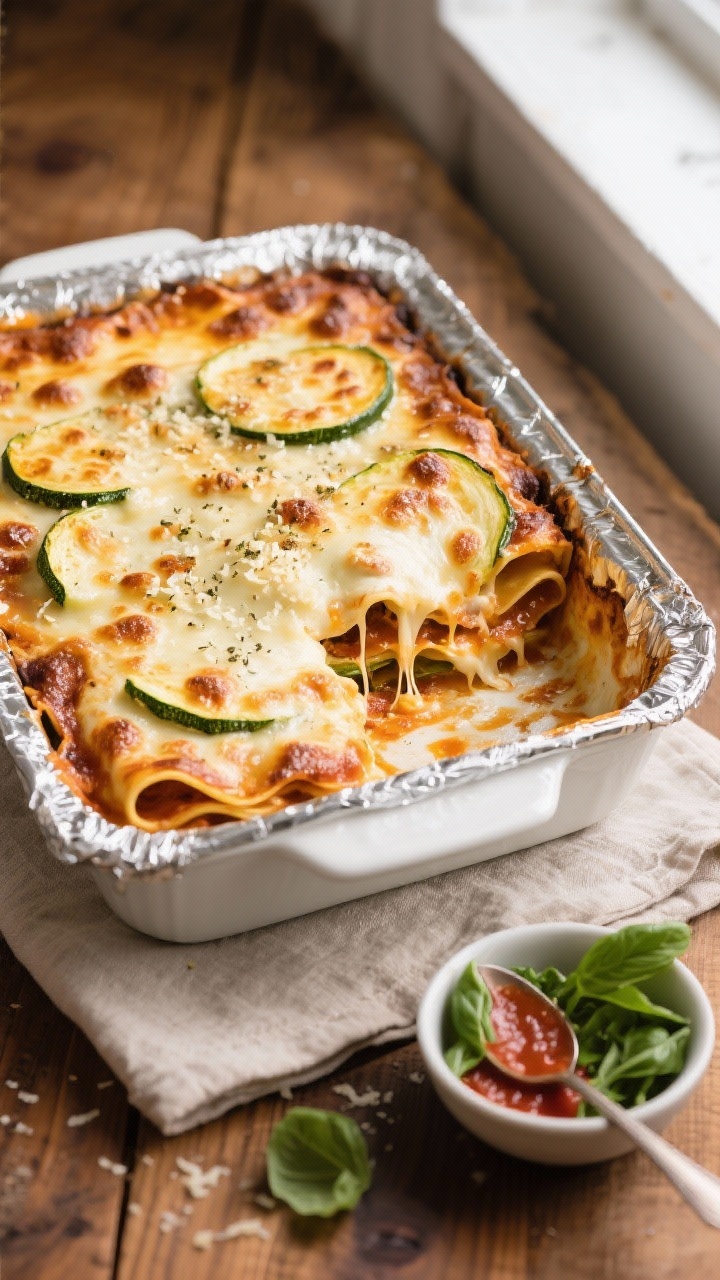 Overhead shot of freshly baked zucchini lasagna just out of the oven, foil removed, showing bubbling