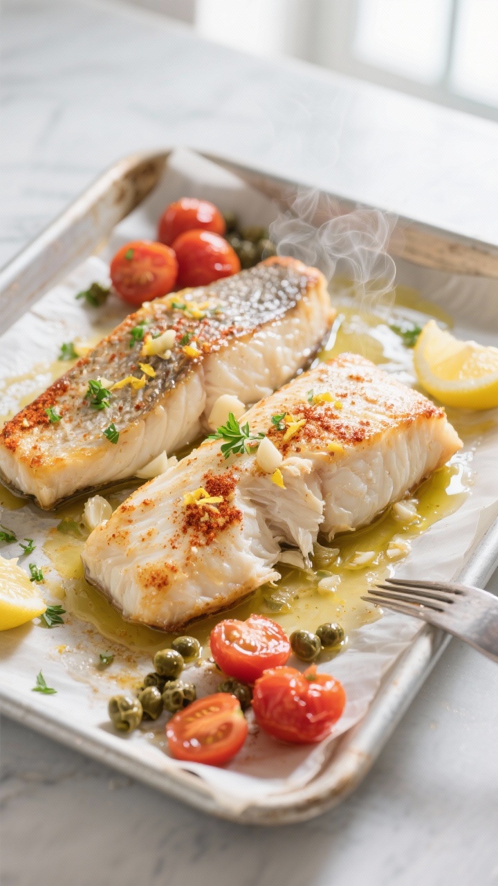 Overhead shot of oven-baked cod just out of the oven on a parchment-lined sheet pan, fillets glisten