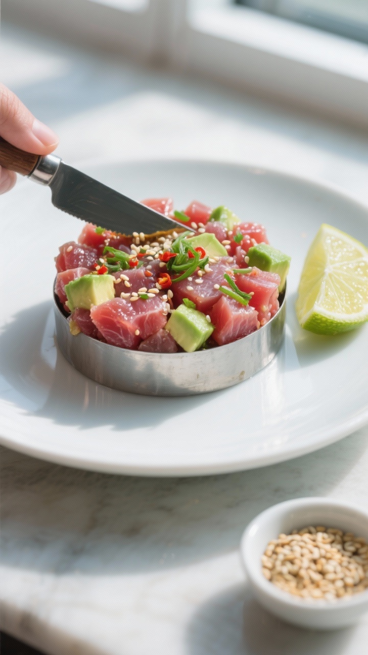 Overhead shot of prepared tuna tartare being molded: a chilled ring mold on a matte white plate hold