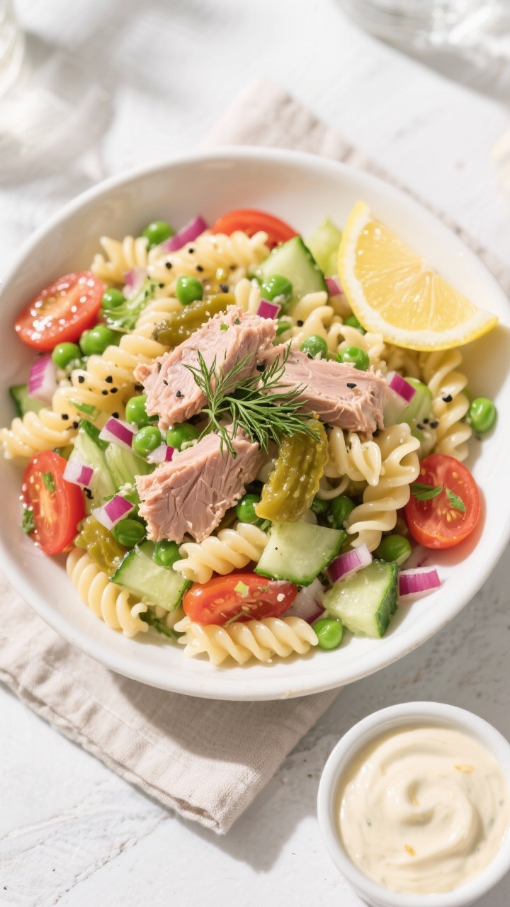 Overhead shot of the finished cold tuna pasta salad in a wide, shallow white bowl: al dente rotini c