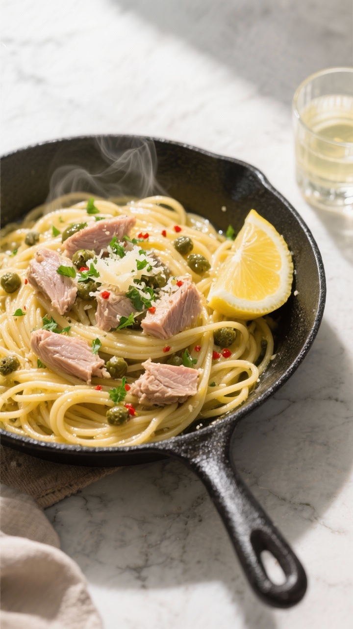 Overhead shot of Tuna Pasta with Lemon and Capers just tossed in a skillet: glossy spaghetti strands