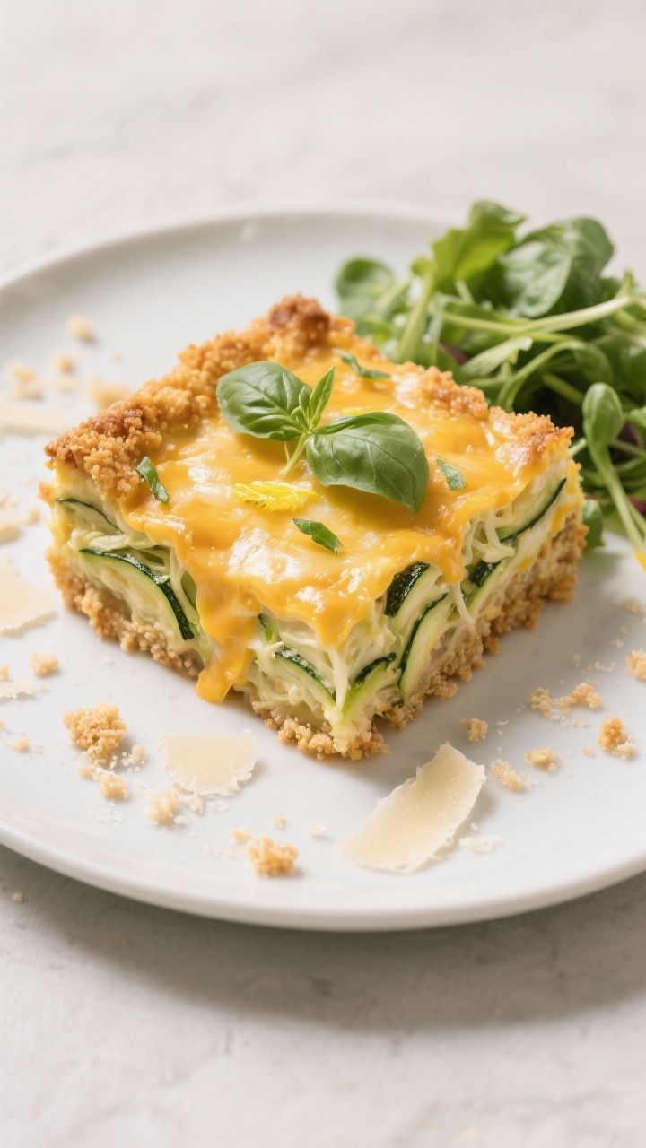 Tasty top view, final plated dish: Overhead shot of a neatly sliced square of cheesy shredded zucchi