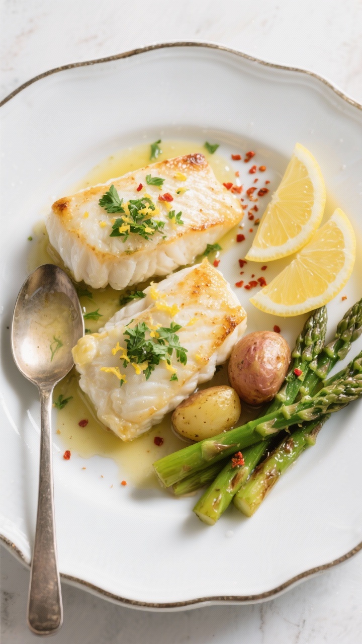 Tasty top view, final presentation: Overhead shot of garlic butter baked cod plated bistro-style on 