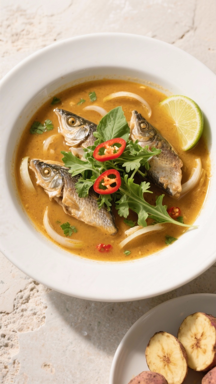 Tasty top view final presentation: Overhead shot of a wide, shallow white bowl filled with catfish p