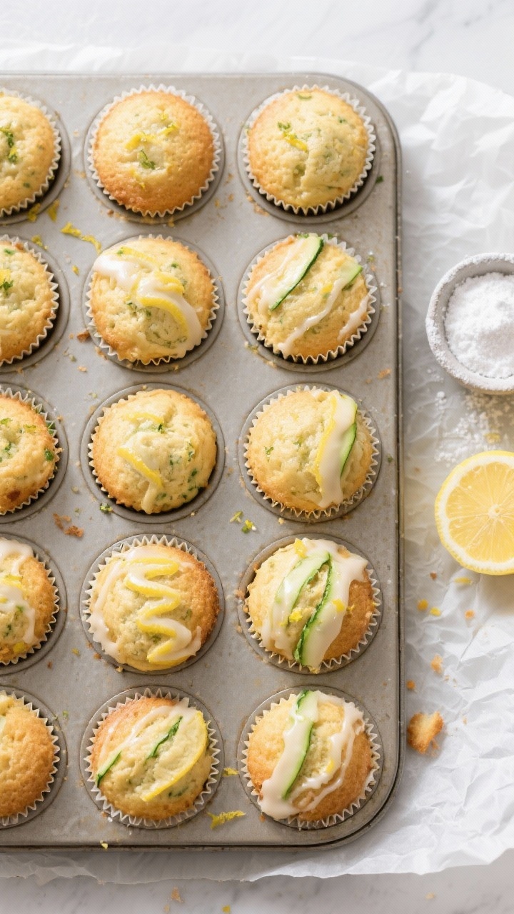 Tasty top view: overhead shot of 12 lemon zucchini muffins arranged in a parchment-lined muffin tin,