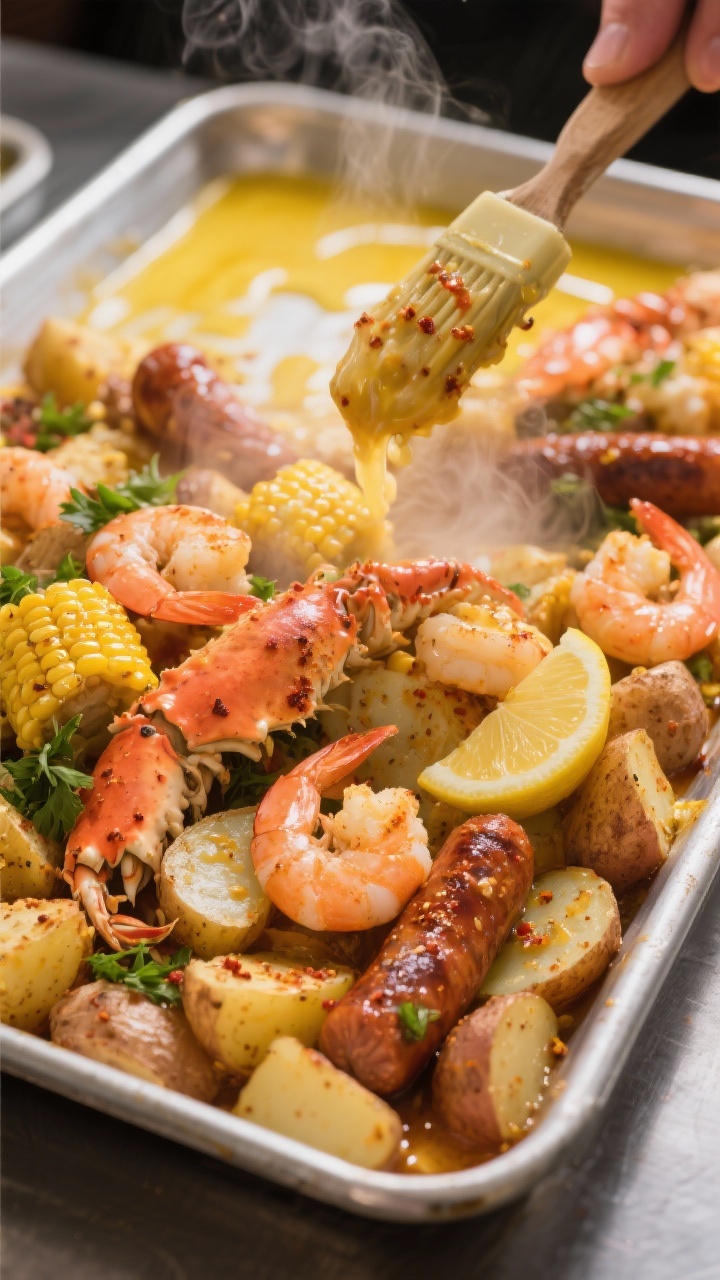 Tight close-up, three-quarter angle of the tossing stage: cooked seafood, corn, and potatoes in a la