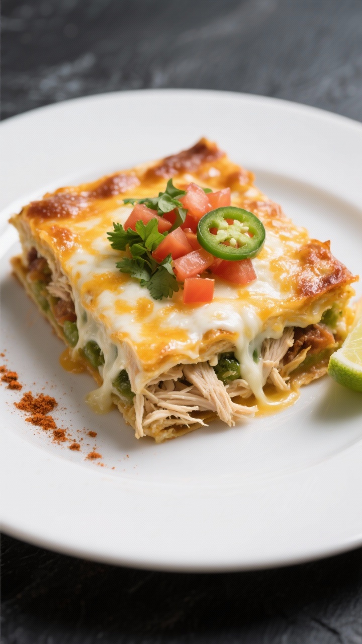 Close-up 3/4 angle of a neatly sliced square of creamy chicken enchilada casserole plated: fork-tend