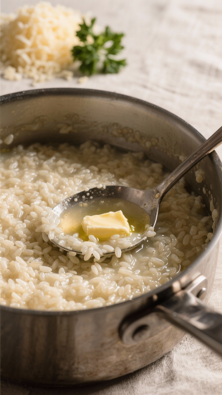 Close-up cooking process shot: Arborio rice midway through risotto, grains plump and glossy, stirrin