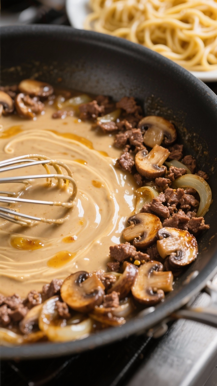 Close-up cooking process shot in a large stainless skillet: mushrooms and onions sautéed to deep go