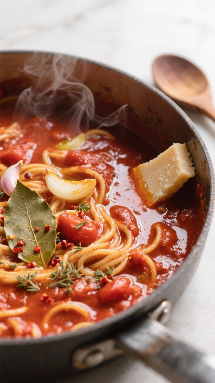 Close-up detail: A rich, slow-simmered Italian spaghetti sauce bubbling gently in a heavy-bottomed p