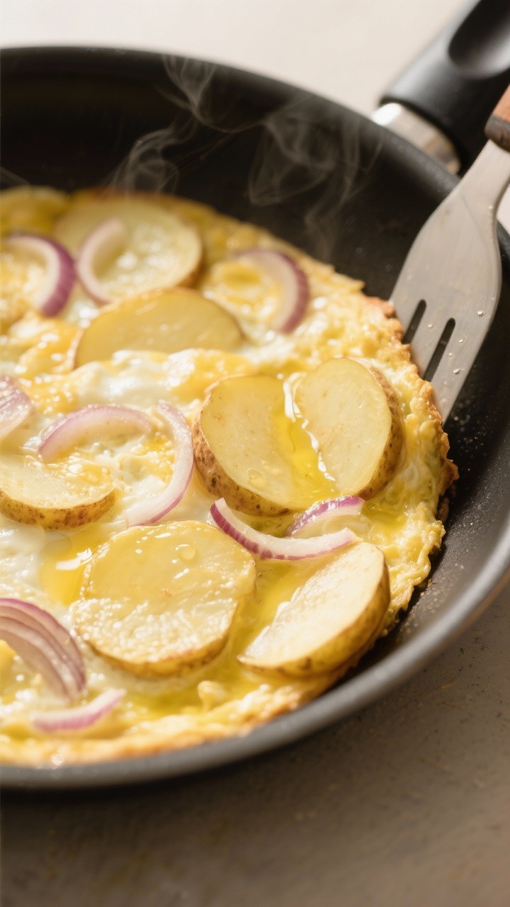 Close-up detail and cooking process: Spanish tortilla mid-cook in a 9–10 inch nonstick skillet, ed