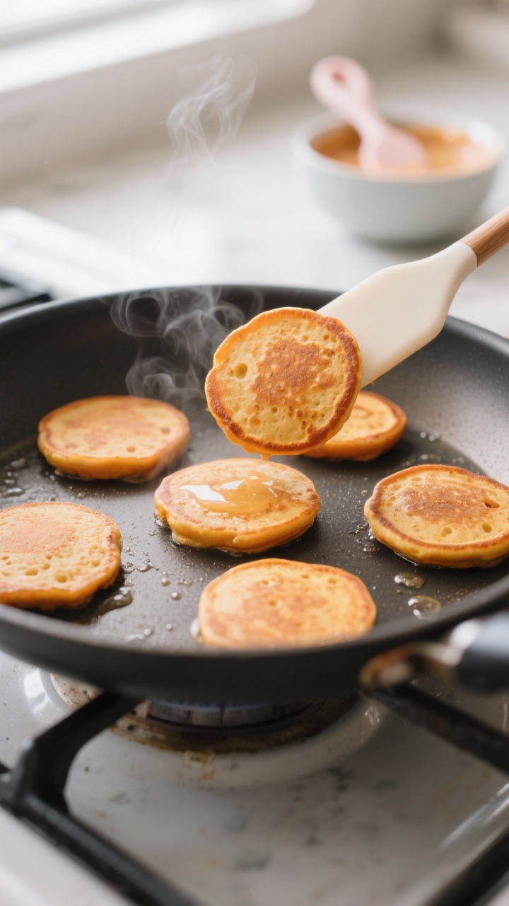 Close-up detail and cooking process: Sweet potato baby pancakes on a nonstick skillet at medium-low 