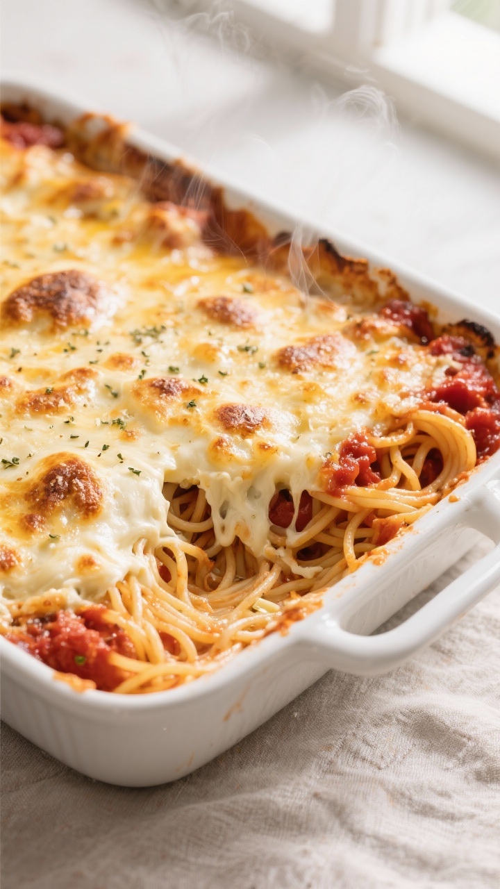 Close-up detail and process: A bubbling baked cream cheese spaghetti casserole just pulled from the 