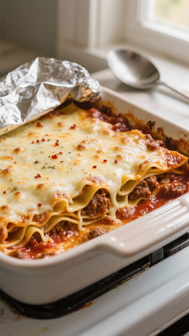 Close-up detail, cooking process: A bubbling no-boil lasagna casserole just after foil removal in a 