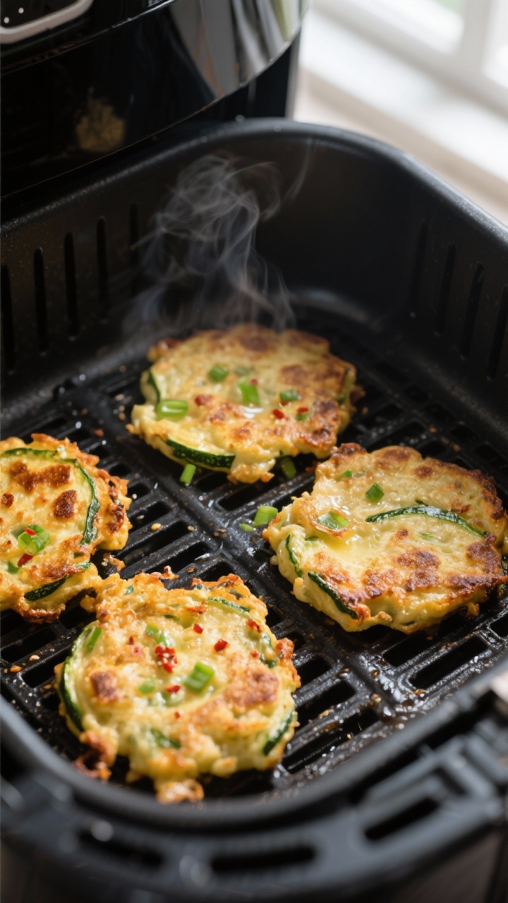 Close-up detail, cooking process: Air fryer zucchini fritters mid-cook inside an open air fryer bask