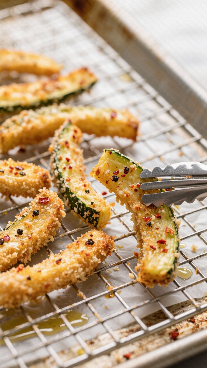 Close-up detail, cooking process: Golden-browned zucchini fries on a wire rack set over a parchment-