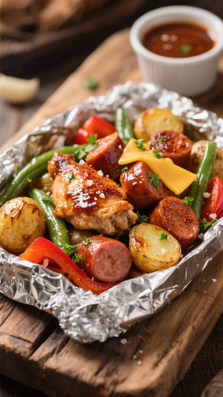 Close-up detail of a cooked BBQ ranch chicken and smoked sausage foil packet: bronzed chicken thigh