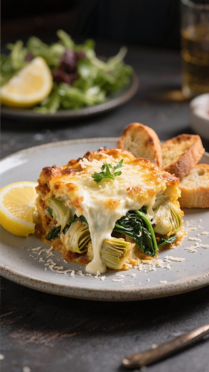 Close-up detail of a plated scoop of the casserole on a matte stoneware plate, showcasing stretchy m