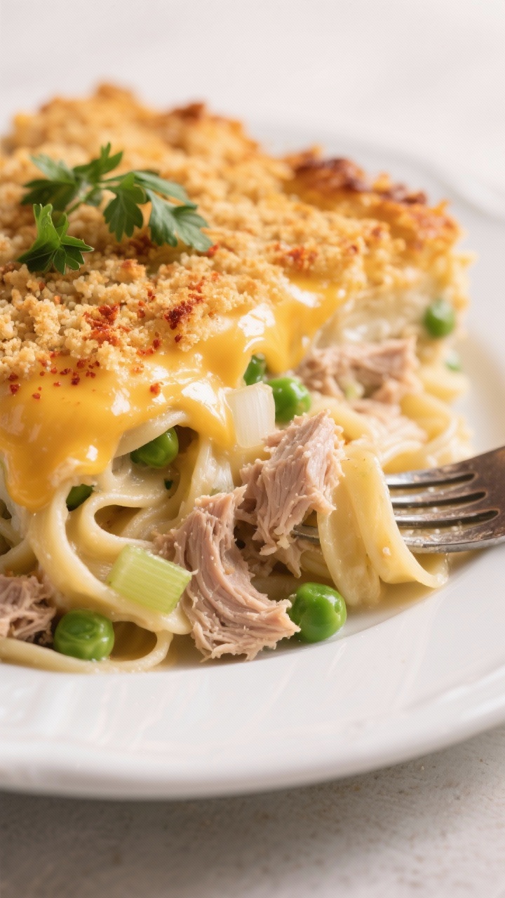 Close-up detail of a plated slice of creamy tuna noodle casserole on a white ceramic plate, focusing