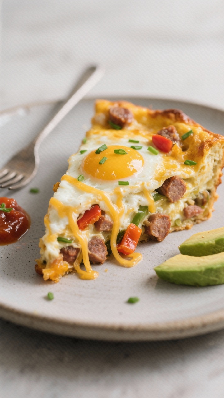 Close-up detail of a plated slice of the egg casserole after resting, showing custardy, set eggs wit