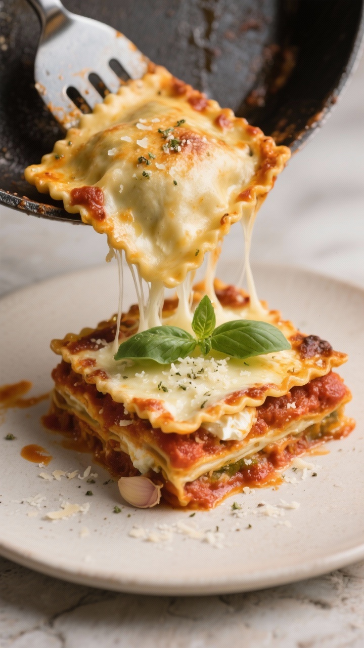 Close-up detail of a plated square of baked ravioli casserole being lifted with a spatula from the p