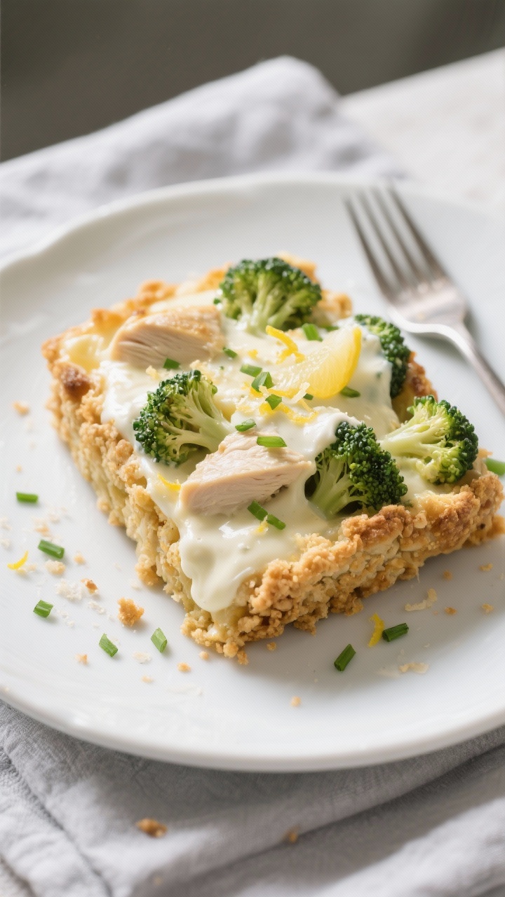 Close-up detail of a single plated serving of the casserole on a white ceramic plate, showing the lu
