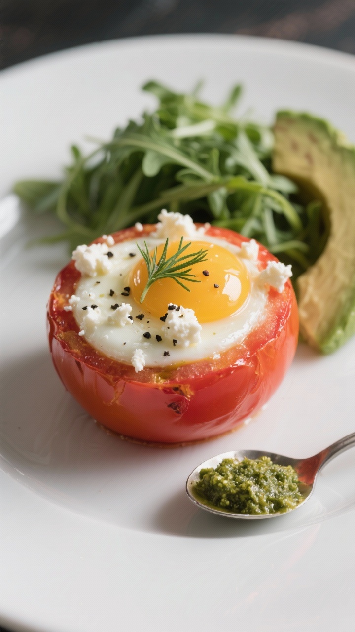 Close-up detail of a single plated tomato cup on a matte white plate, egg yolk slightly runny and gl