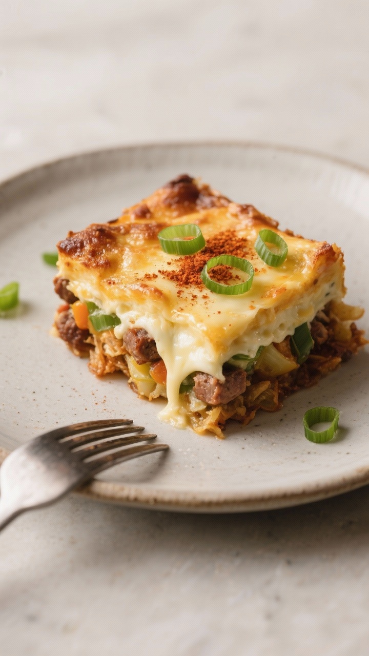 Close-up detail of a single sliced square of the casserole being plated, showing layered textures: t