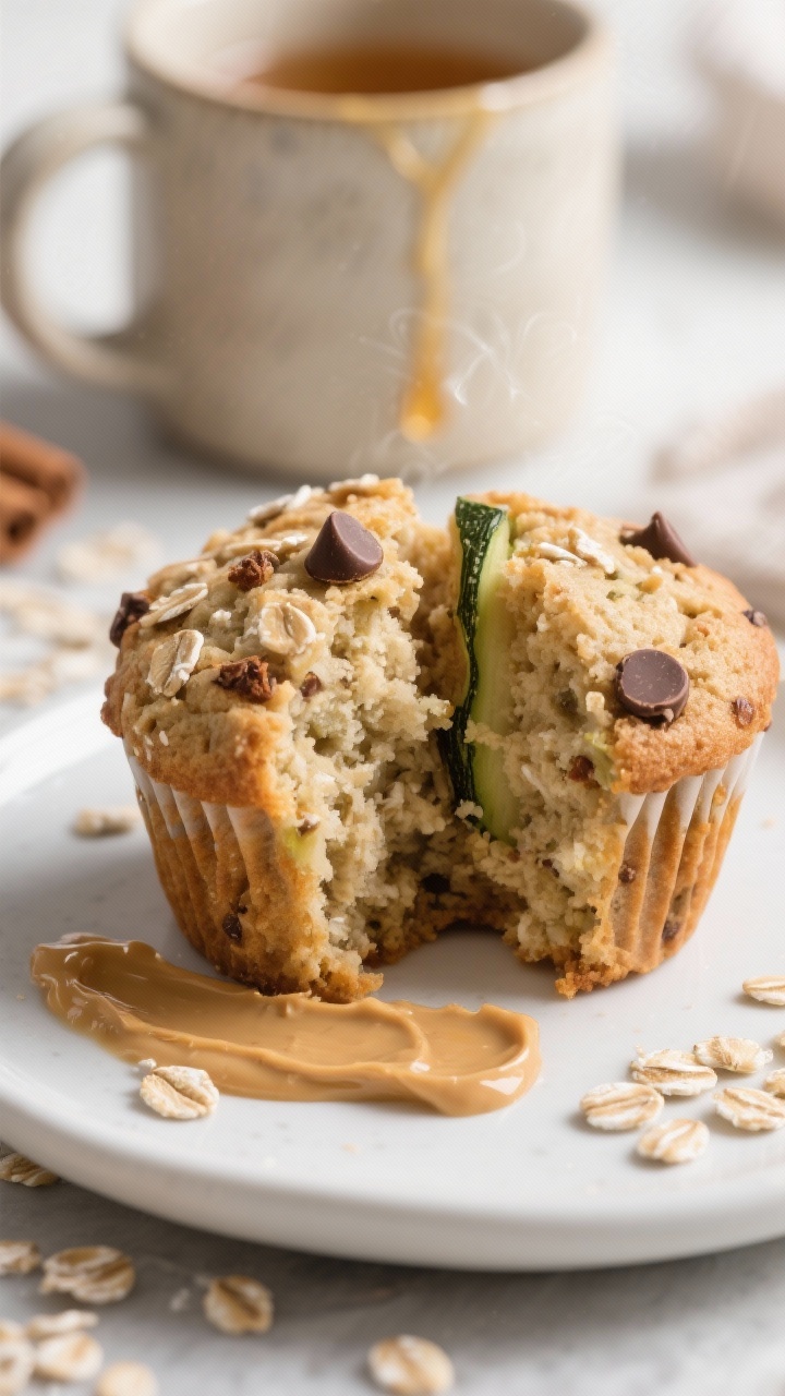 Close-up detail of a split zucchini oatmeal muffin on a matte white plate with a swipe of almond but