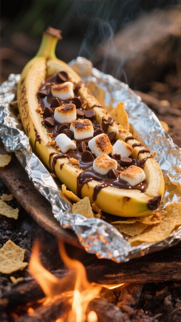 Close-up detail of banana boat s’mores just opened from foil near the fire: split banana in peel f