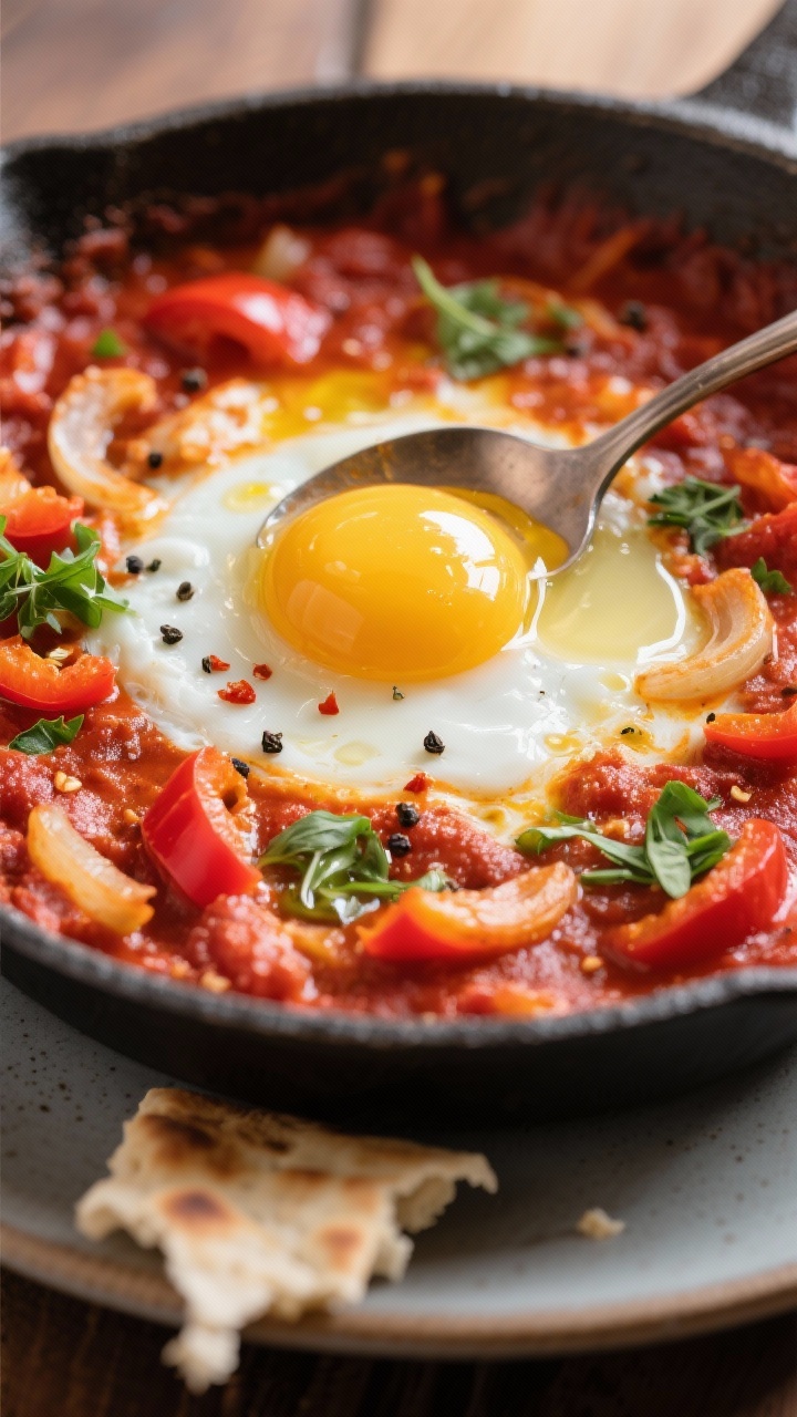 Close-up detail of the finished shakshuka served family-style straight from the pan: spoon breaking 