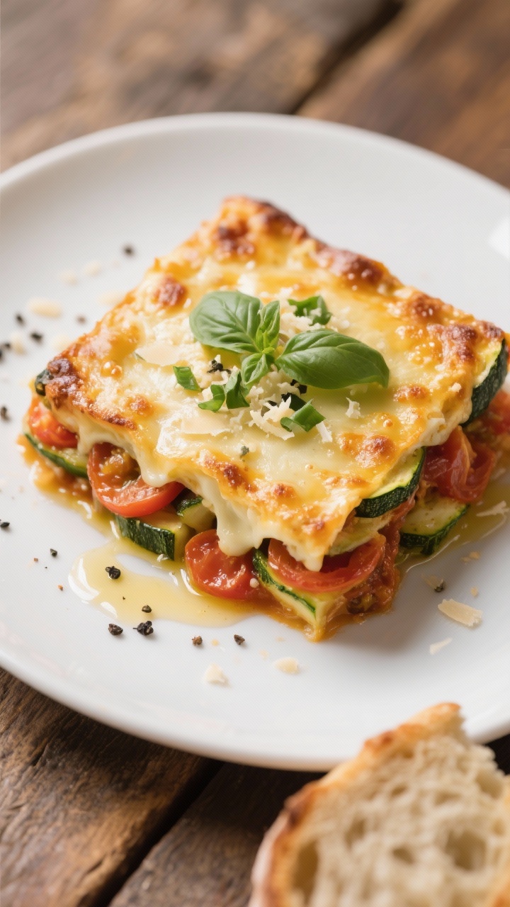 Close-up detail of the finished zucchini tomato casserole served as a plated square, cheese melted a