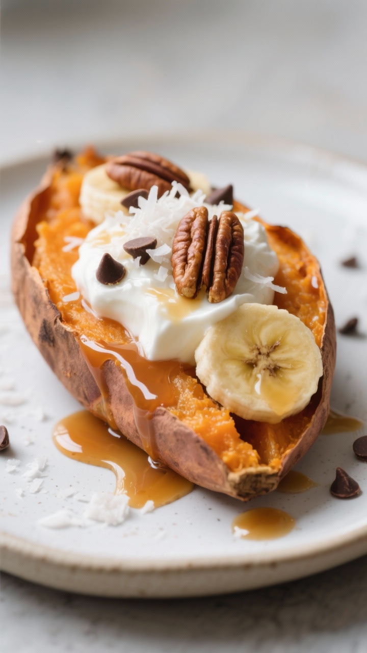 Close-up detail of the sweet cinnamon-maple version on a matte white plate: a baked sweet potato spl