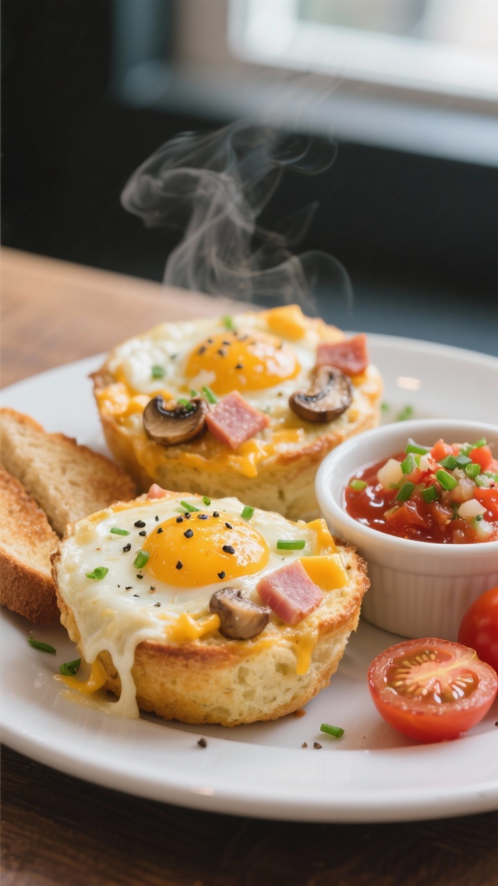 Close-up detail of two plated cheesy baked egg muffins sliced open to show fluffy, tender egg interi