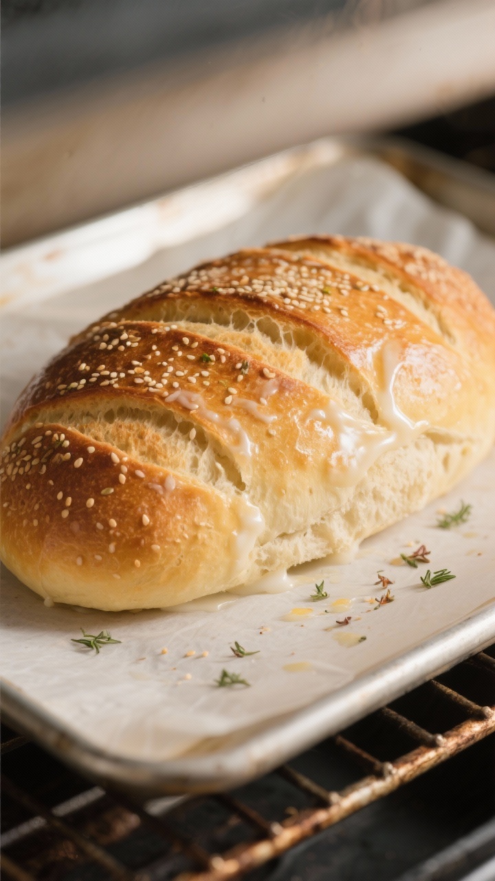 Close-up detail/process shot: A just-baked Italian bread loaf on a parchment-lined baking sheet, cap
