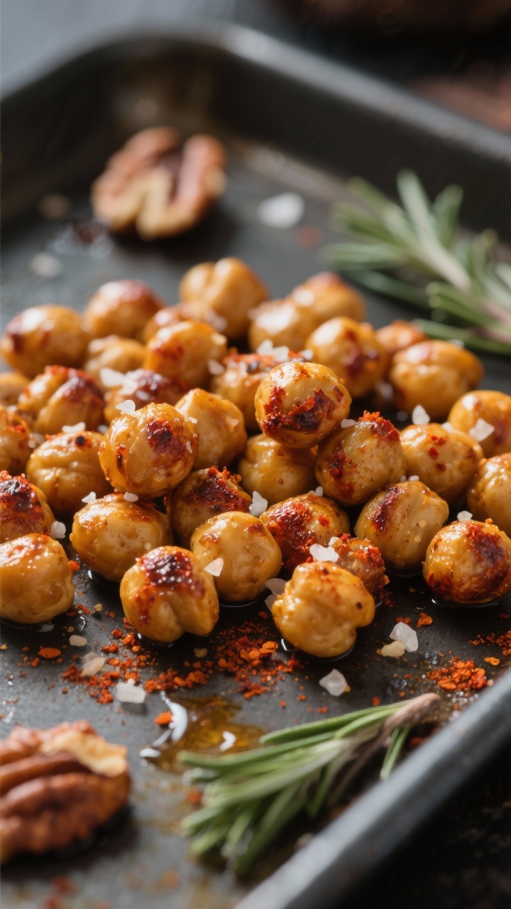 Close-up detail: Roasted chickpeas fresh from the oven, deeply golden and blistered with a smoky pap