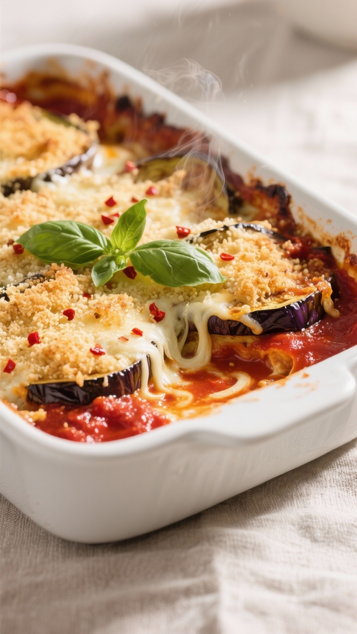 Close-up detail shot: A bubbling eggplant Parmesan casserole just out of the oven, highlighting the 