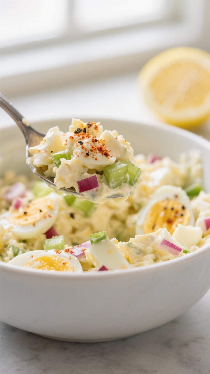 Close-up detail shot: A heaping spoonful of classic egg salad being folded together in a matte white