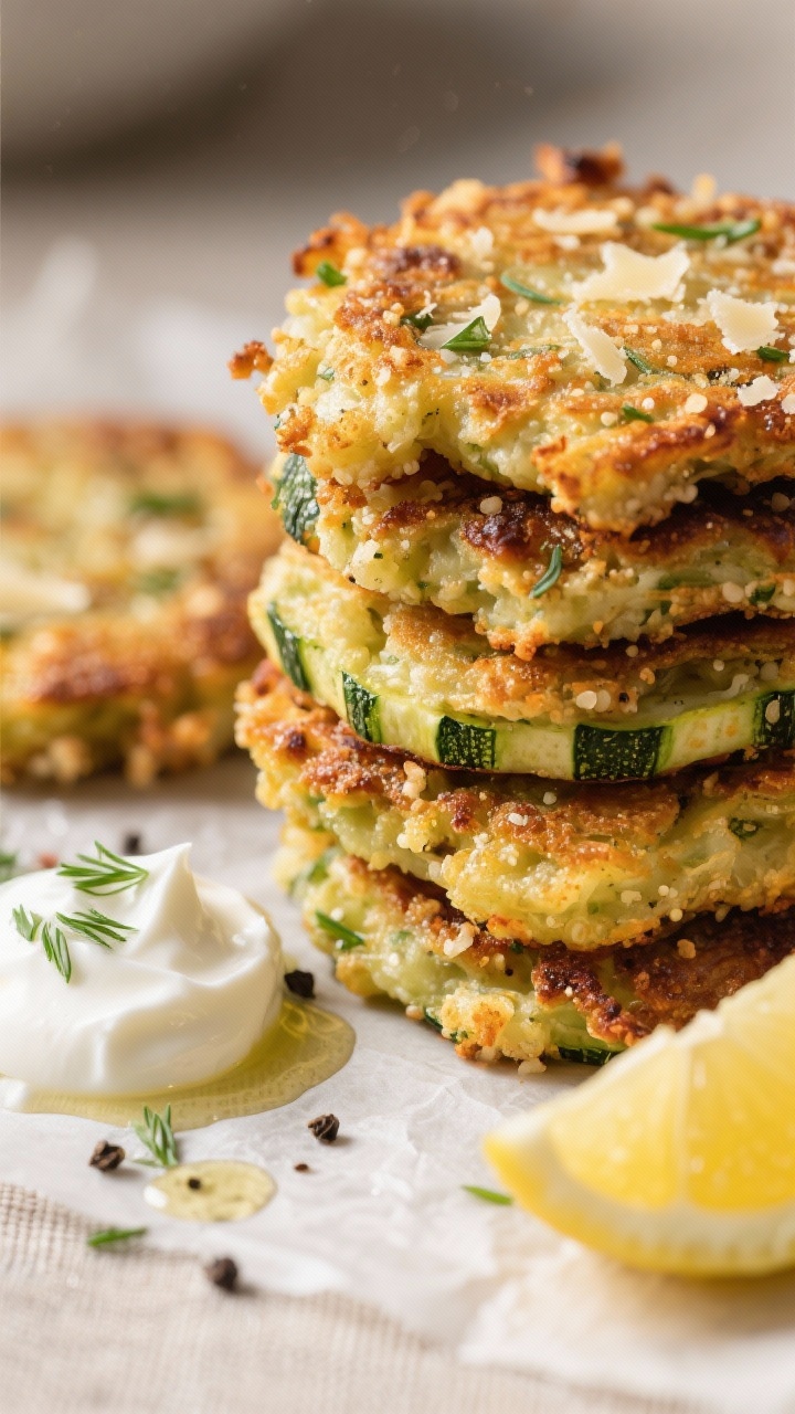 Close-up detail shot: A stack of baked zucchini fritters just out of the oven, edges visibly golden 