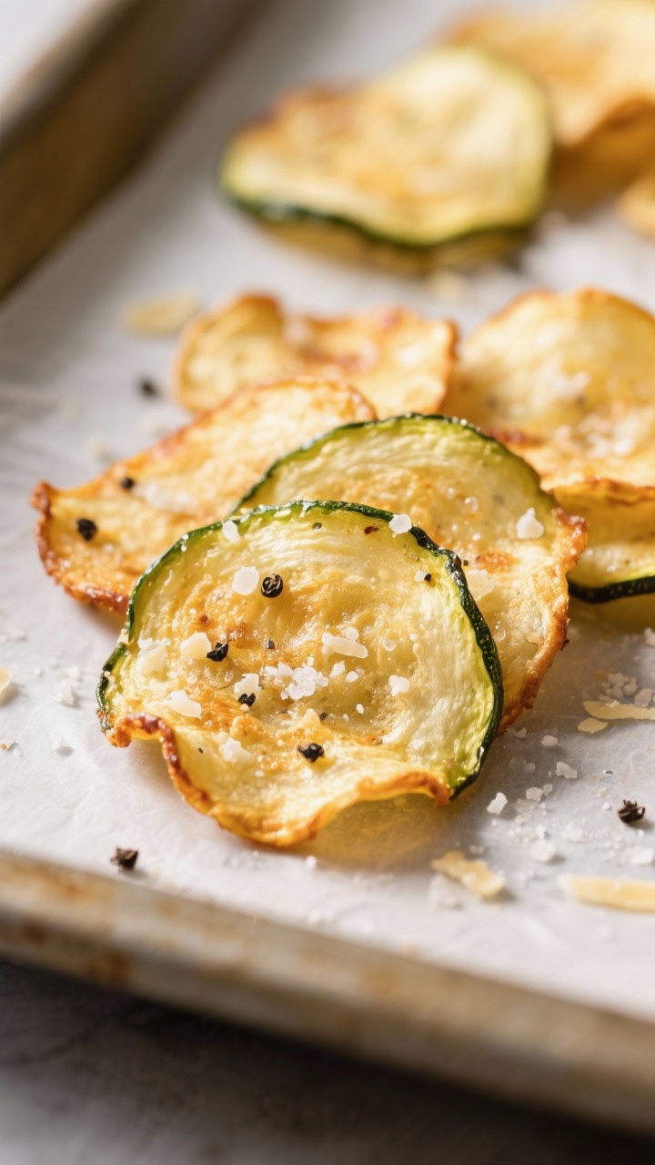 Close-up detail shot: Golden, ultra-thin keto zucchini chips fresh from the oven, edges curled and c