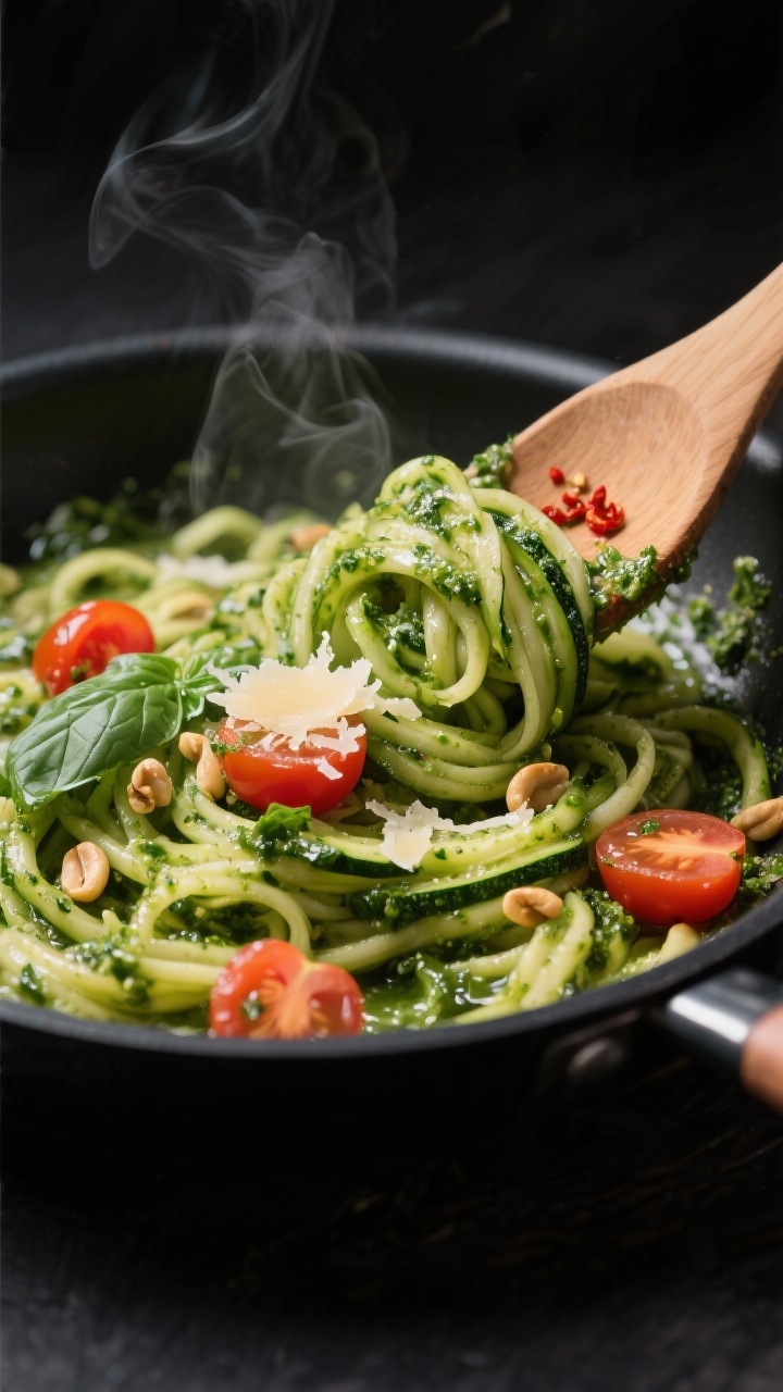 Close-up detail shot: Warm, sautéed zucchini noodles being tossed off-heat with glossy basil pesto 