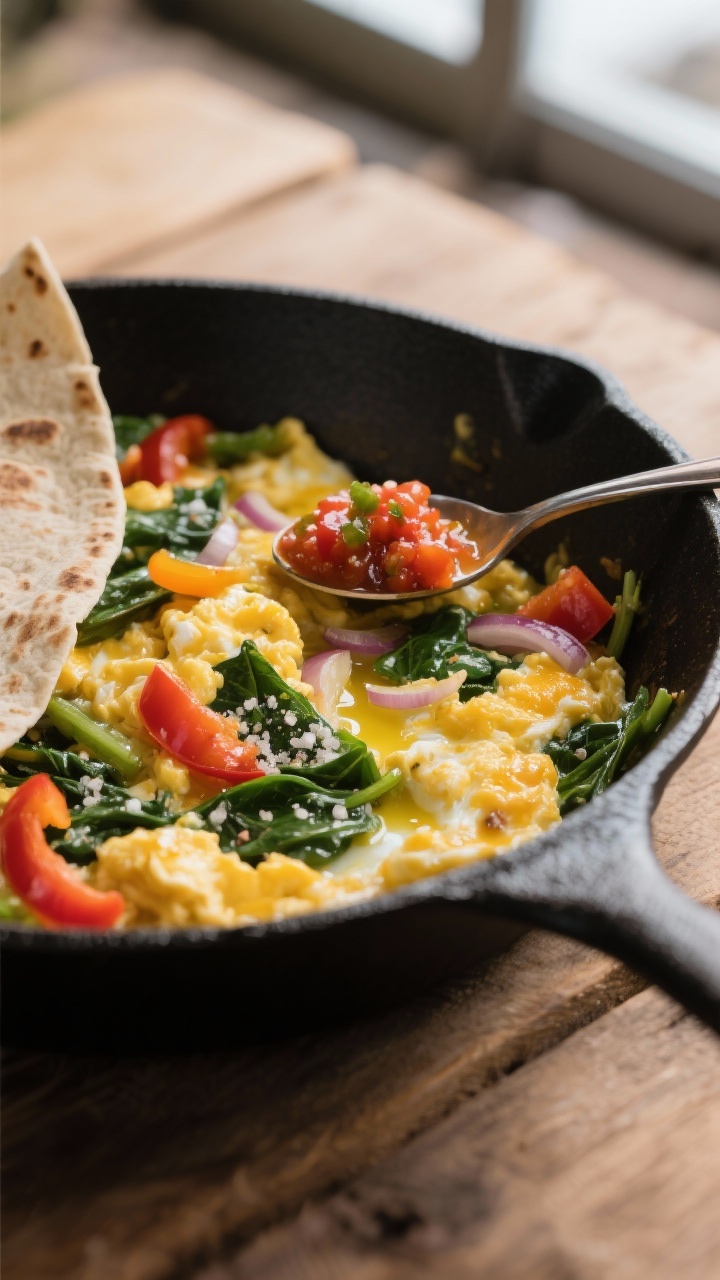 Close-up of a camp skillet scramble being finished in-pan: sautéed peppers and onions folded into f