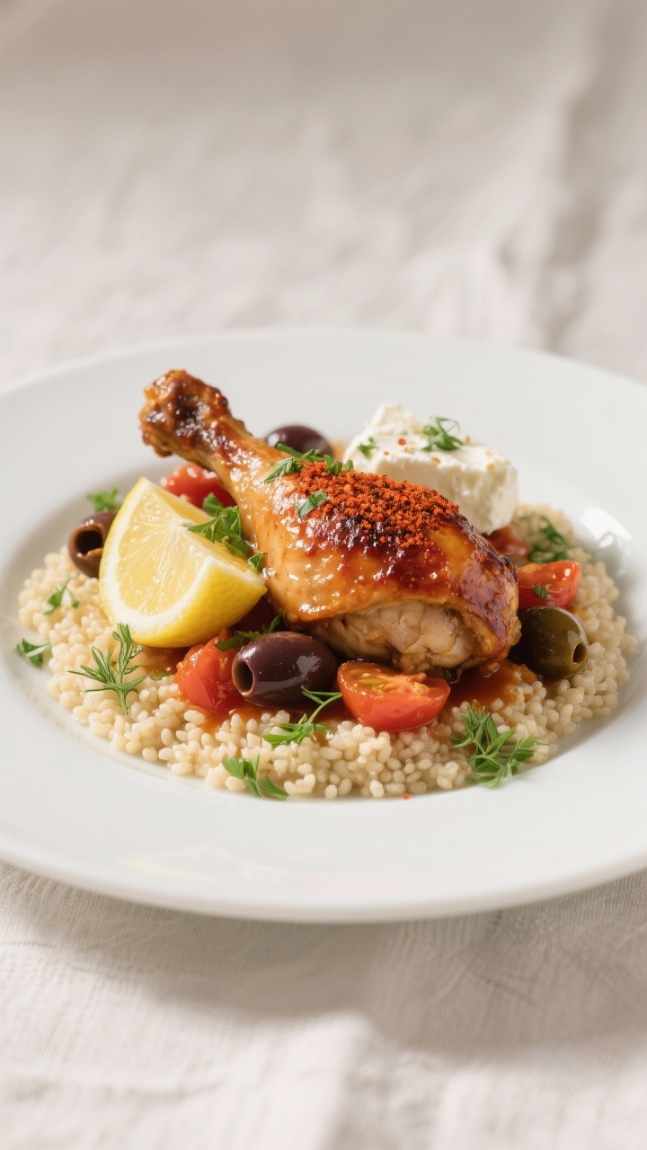 Close-up plated final dish: a single chicken thigh with crackling, mahogany skin atop a bed of fluff