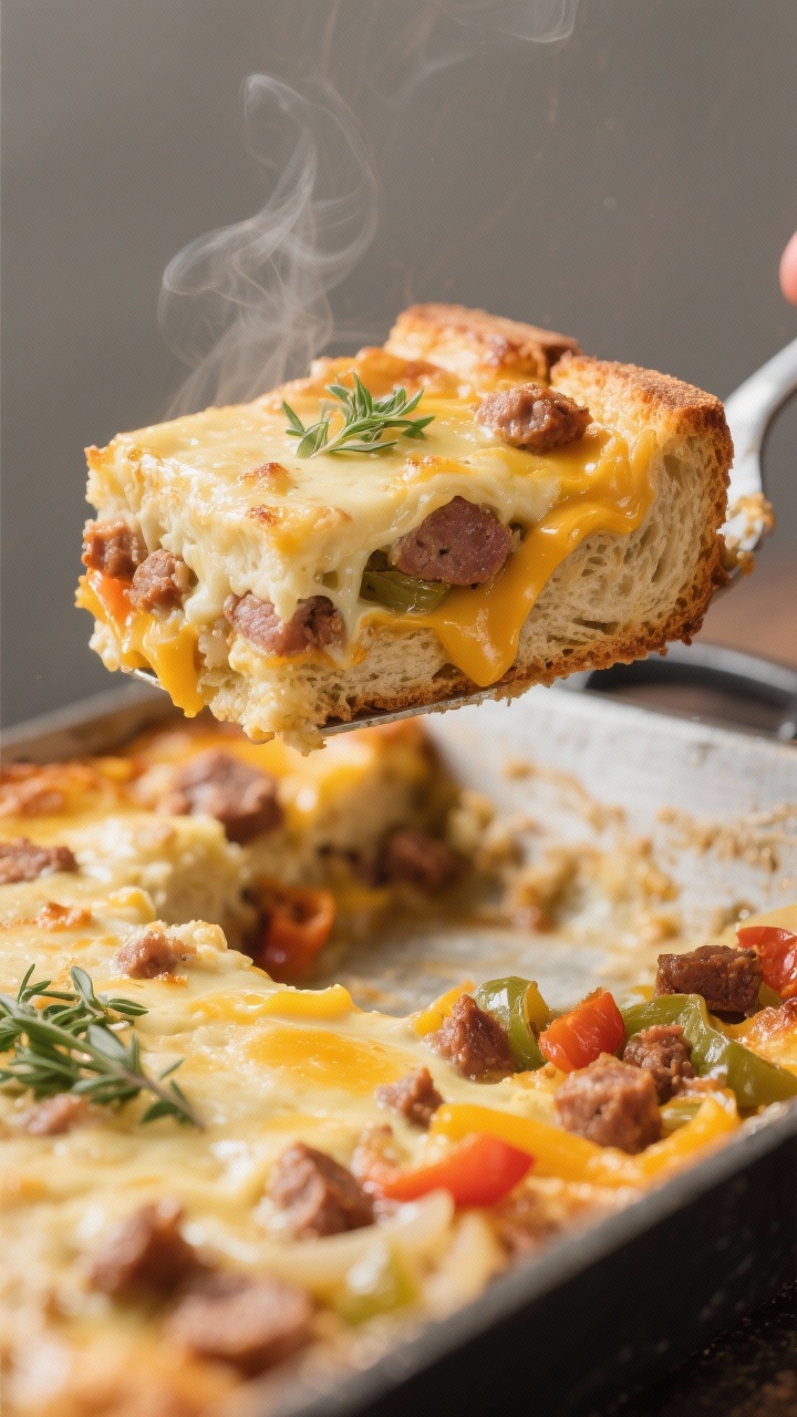 Close-up process detail of a sliced square of the casserole being lifted from the pan, showing the c