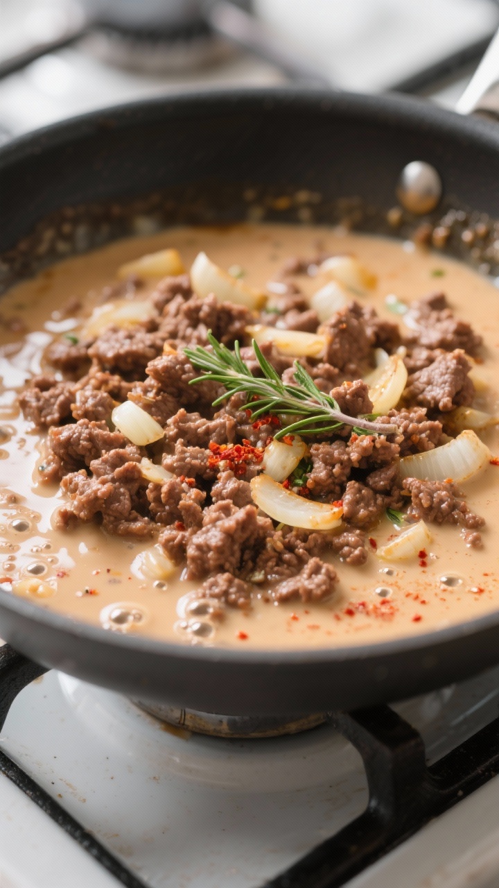 Close-up process shot of the creamy beef filling being finished in a skillet: browned, crumbled grou