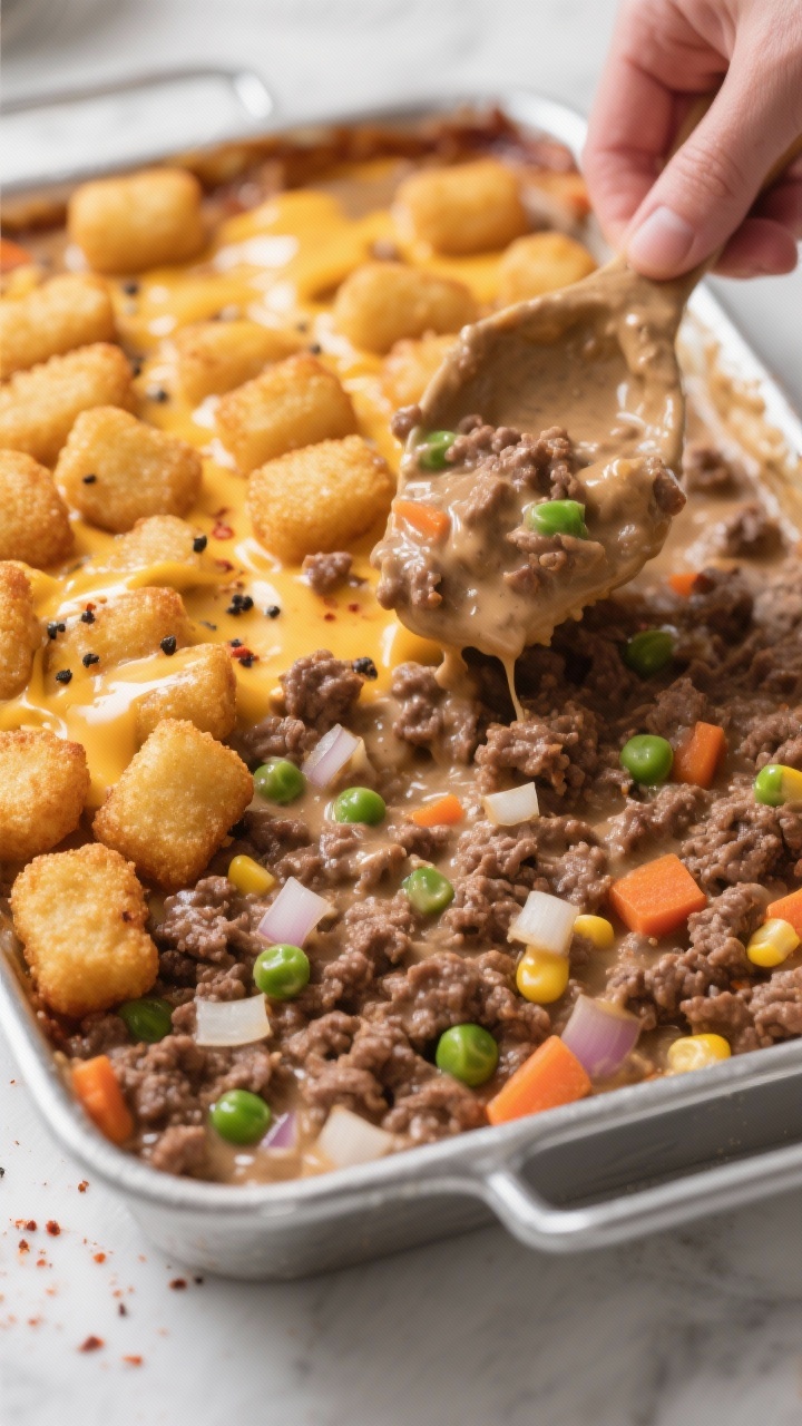 Close-up process shot of the saucy beef-and-vegetable filling being spread evenly into a greased bak