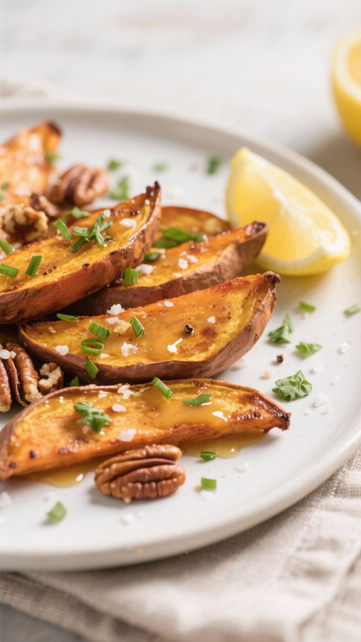 Close-up, restaurant-quality plated roasted sweet potato wedges on a matte white plate, glistening w