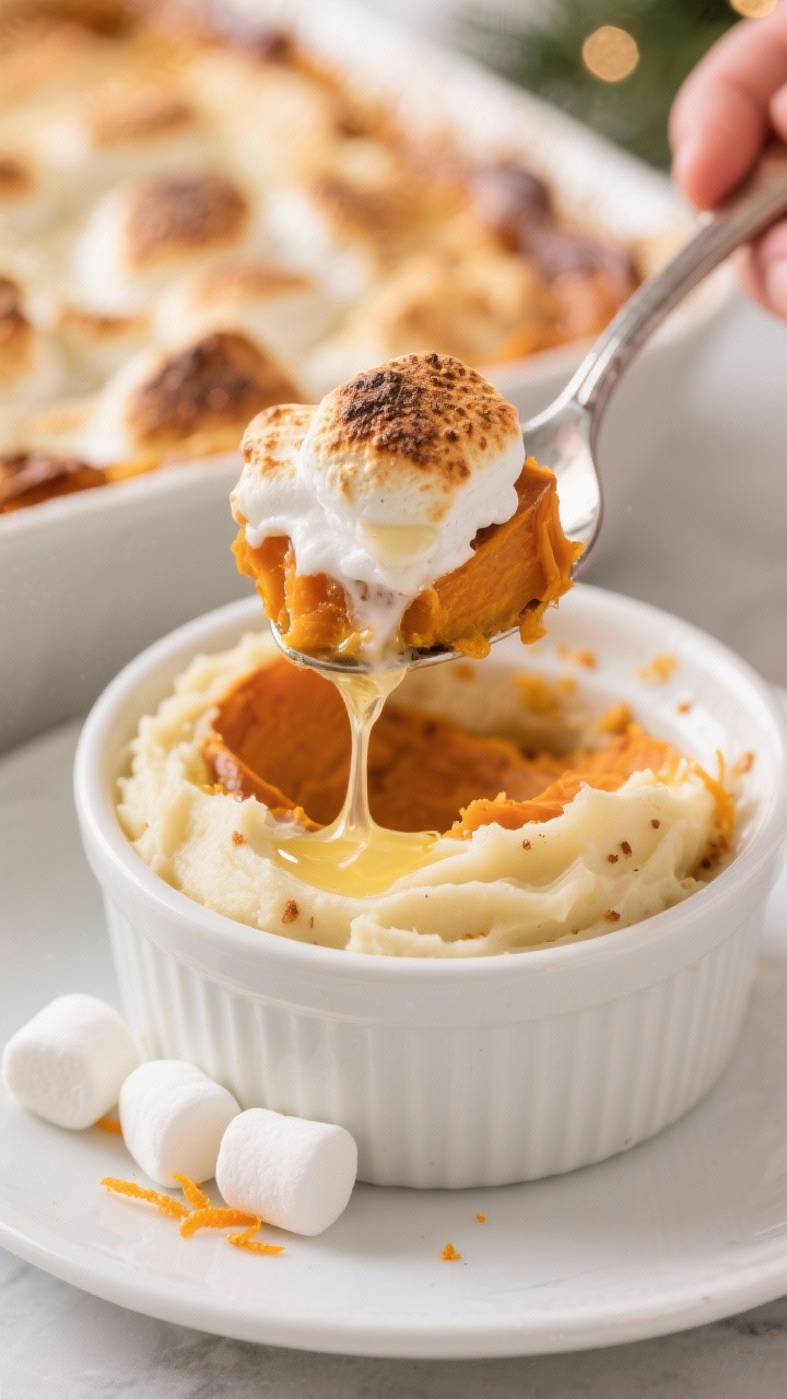 Close-up side-angle detail of a spoonful being lifted from the baked casserole (no hands visible), c