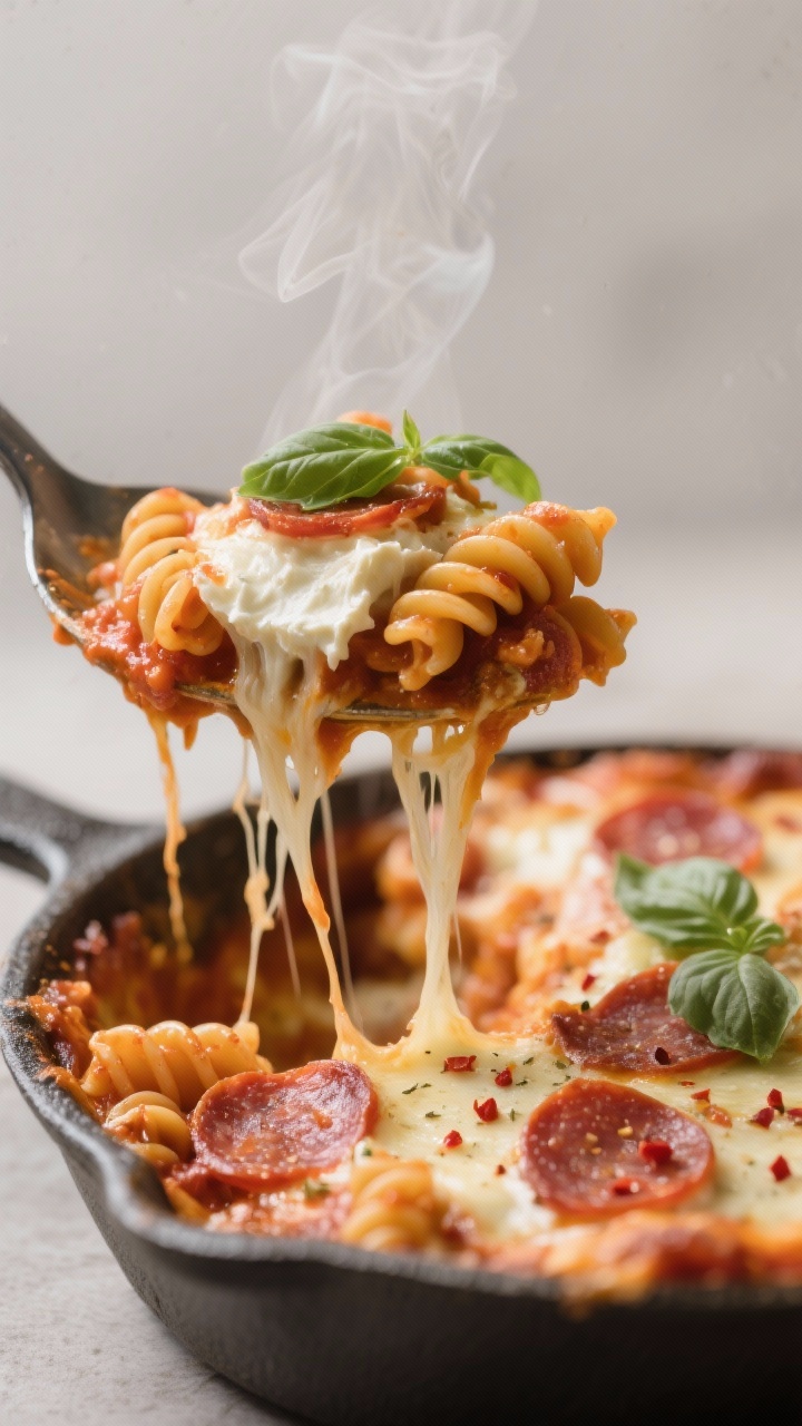 Close-up, spoon-lift action shot of a serving of pizza casserole being scooped from the pan, showcas