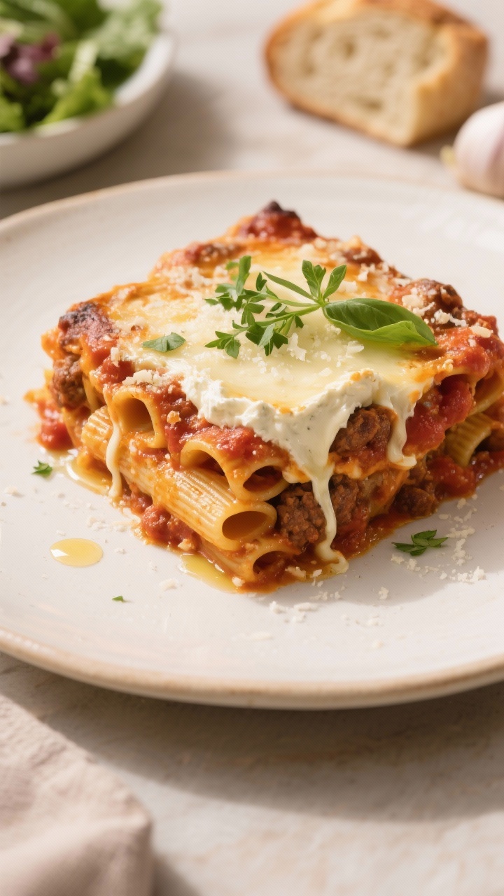 Close-up, three-quarter angle of a single hearty serving of baked ziti plated on a warm white cerami